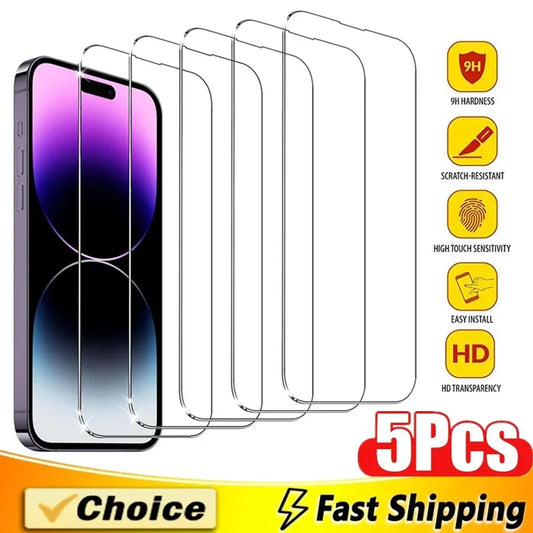 5-Pack Tempered Glass Screen Protector for iPhone 7–16 Series | Ultra-Clear, Scratch-Resistant, HD Protection